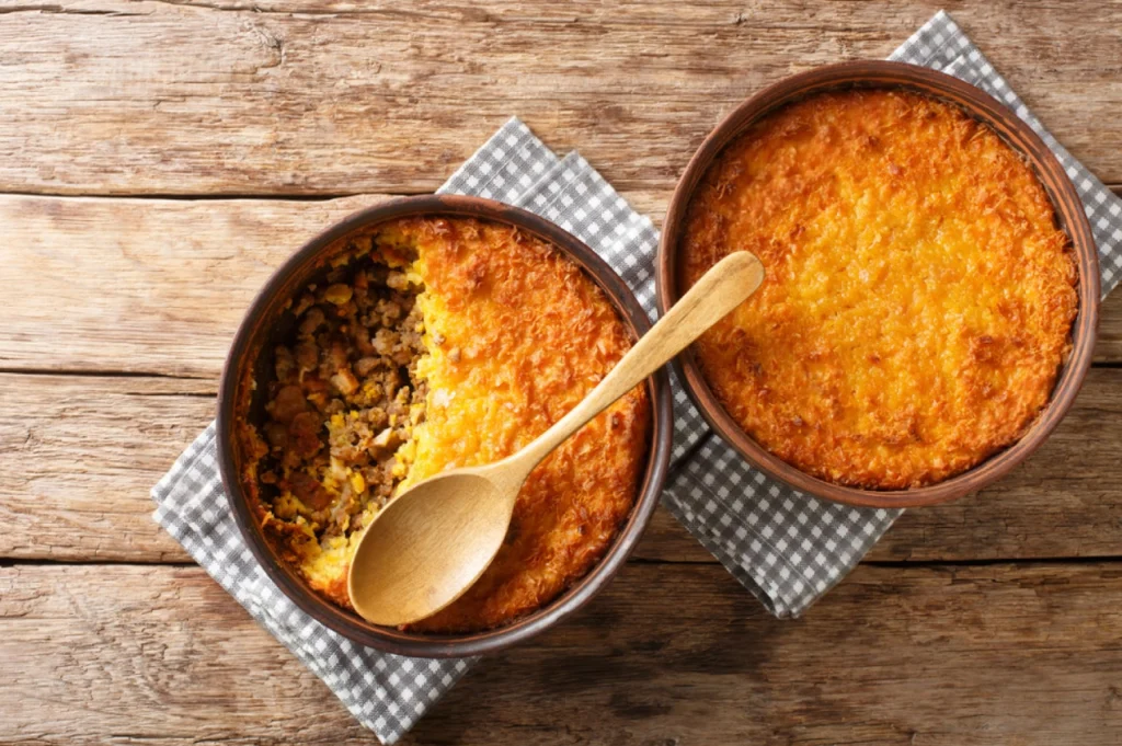 pastel de choclo corn pie is a chilean dish based on sweetcorn and beef closeup in the pots on the table. horizontal top view from above
